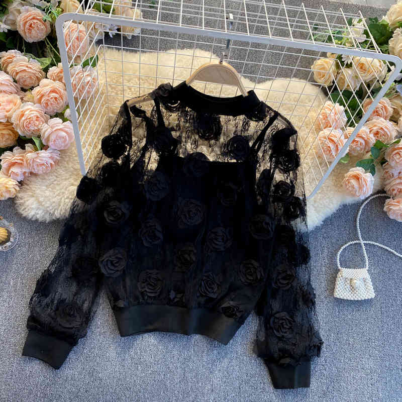 Nomikuma Korean 3D Floral Blouse Sets Perspective Mesh Sweet Puff Sleeve O-neck Lace Shirt + Basic Sling Vest Women Suits 6E027 210427