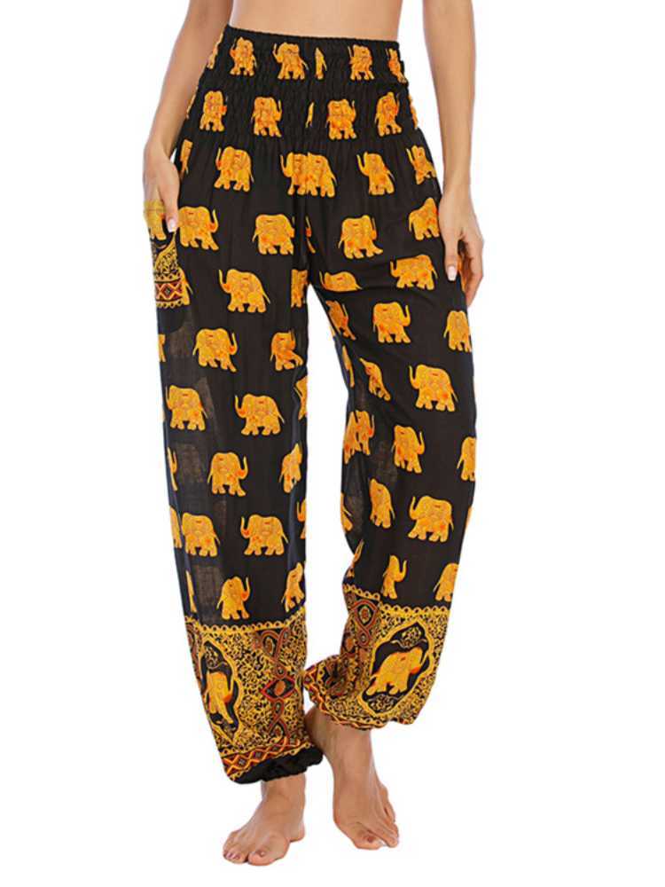 Bohemia Ladies Golden Elephant Printed High Waist Pants Thailand Elastici Jogger Woman Trouser Summer Thin Harem 210604