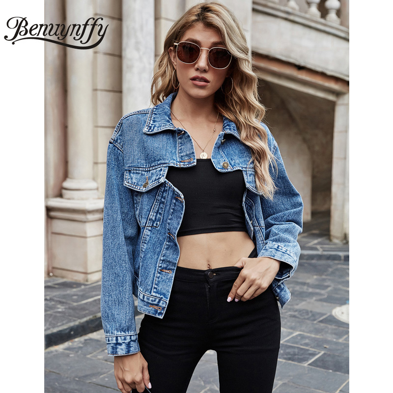 Turn-down Collar Cut Out Back Denim Jacket Women Spring Fall Single Breasted Jean Coats Long Sleeve Female Outwear 210510