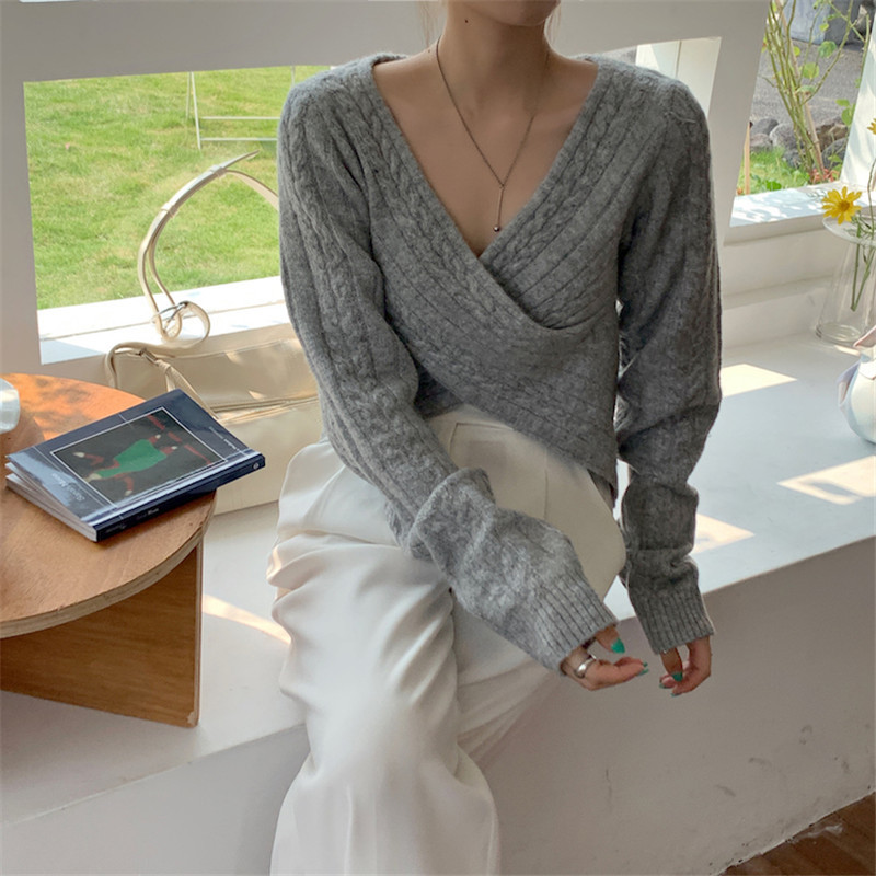 Autumn Winter Sweater Office Lady Work Pullover Solid Sexy V-Neck Long Sleeve Knitted Sweaters Women's Crop Tops 210421