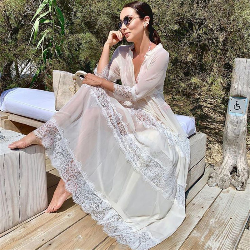 Swimwear Cover-ups Sexy V-neck Summer Beach Dress White Lace Tunic Women Plus Size Beachwear Swim Suit Cover Up Q988 210420