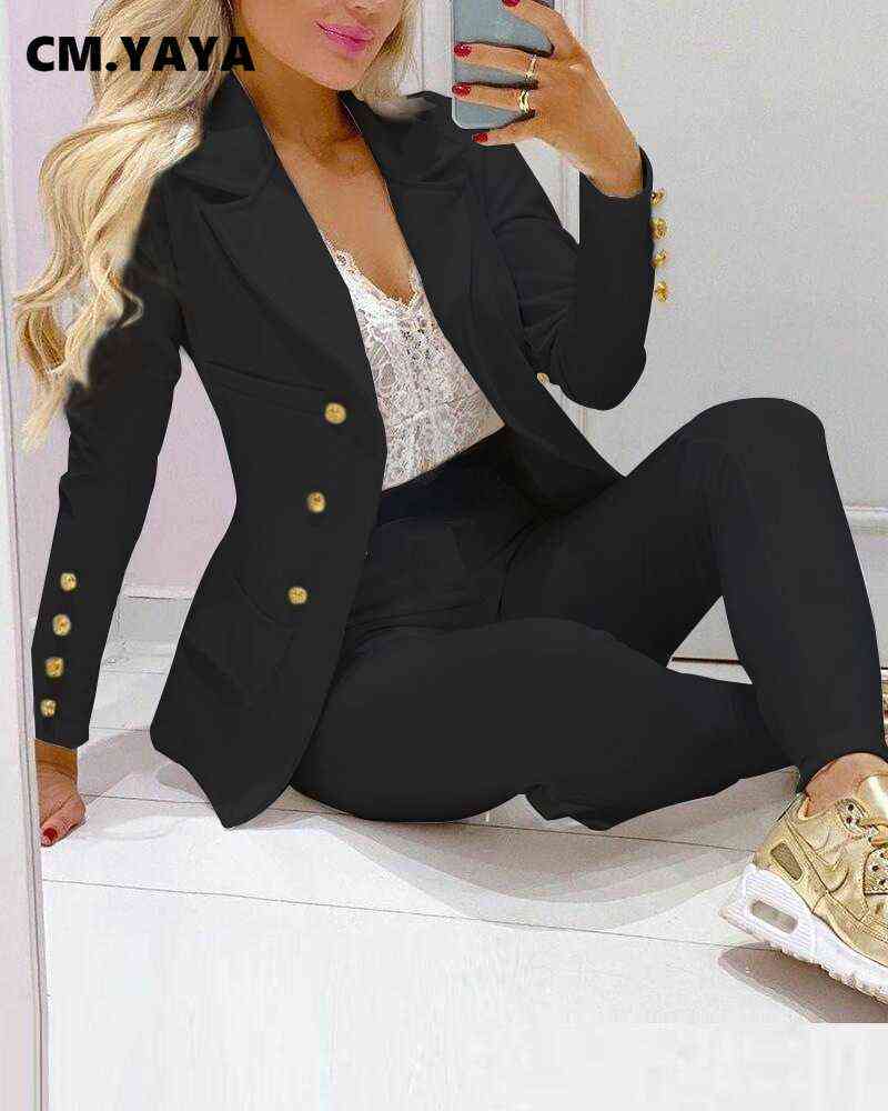 CM.YAYA Women Pants Suits Solid Single Breasted Blazers Tops + Pencil Two 2 Piece Sets Office Lady Fashion Outfit Autumn 211105