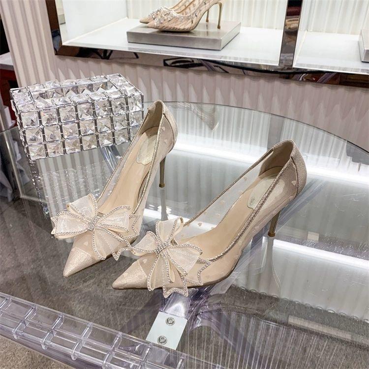 Dress Shoes Women Heels 2021 Summer Fashion Bowknot Heel High Chaussure Femme Zapatos Mujer, Apricot 8 cm