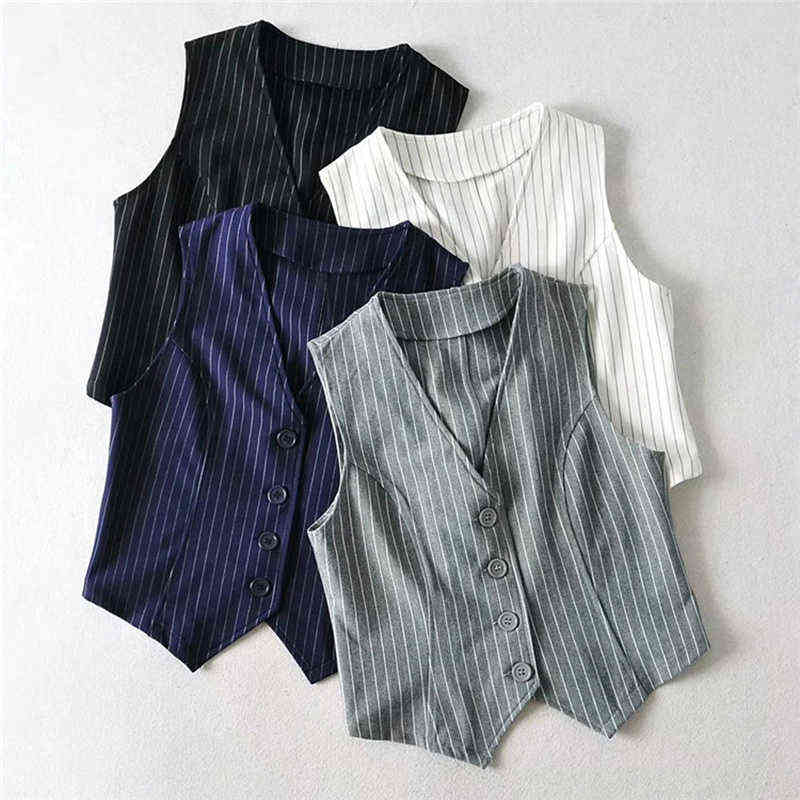 Women's Vest Blazers Striped Crop Tops and Blouses Single Breasted Sleeveless Femme Tanks Vintage Slim V neck Fashion Spring trf 211122
