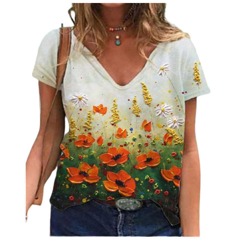 Tie Dye 3D Floral Print Women T Shirts Casual Short Sleeve Loose Plus Size Tops Fashion Street Ladies V-Neck Summer Tee 210526