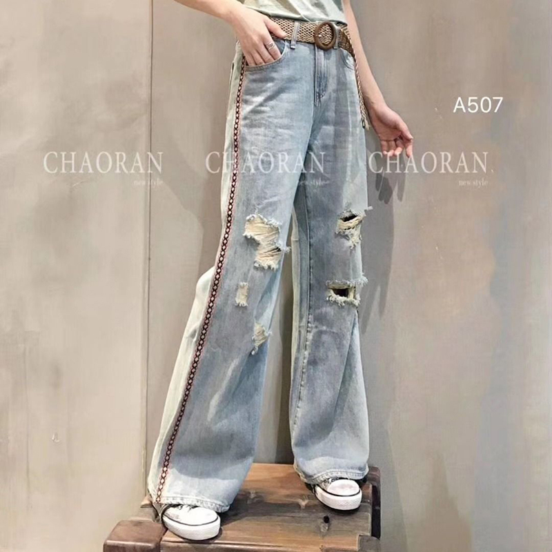 Spring Korea Fashion Women High Waist Ripped Jeans Cotton Denim Wide Leg Pants Slim Ladies Free Belt Plus Size S665 210512