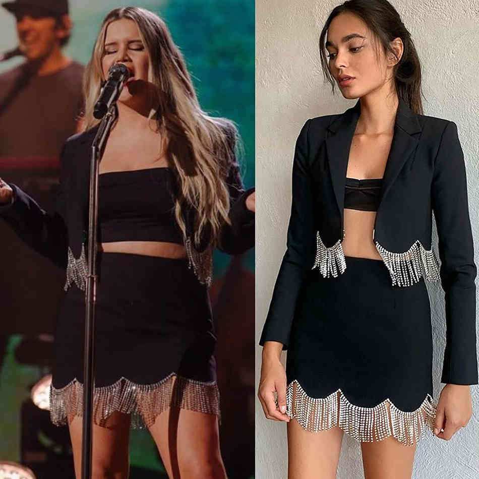 Free Women's Suit Sexy Lapel Long Sleeve Diamond Tassel Short Jacket & Mini Skirt Two Piece Set 210524