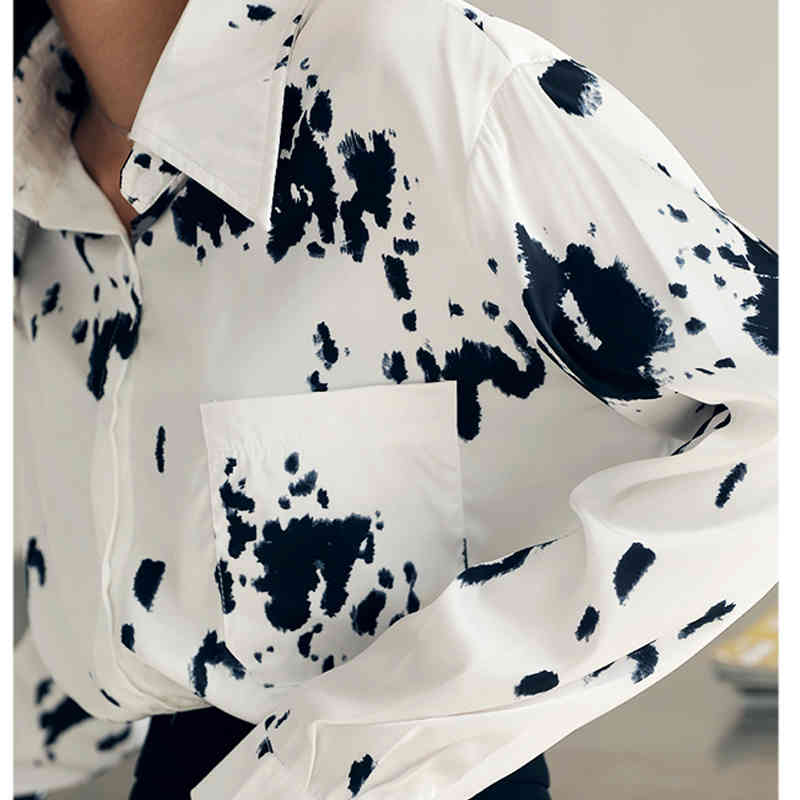 All-match Korean Fashion Single Breasted Women Tops Autumn Cow Spot Printed Blouse Loose Long Sleeve Shirt 11448 210427