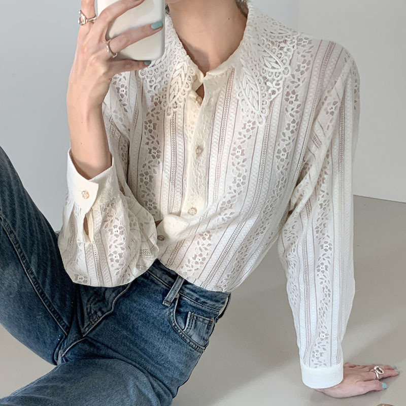 Turn-down Collar Embroidery Lace Women's Blouse Casual Long Sleeve Button Loose Shirt Tops Vintage Elegant Blouses 12722 210512