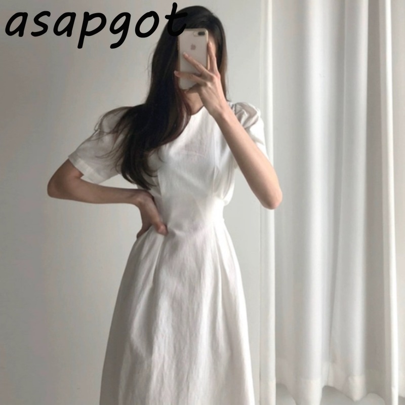 Minimalist Korean Chic Slim Lace Up Waist Solid Plus Size White Puff Sleeve A Line Cotton Linen Dress Women Vestido De Mujer 210429