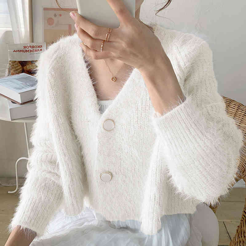 knitted fluffy purple cardigans sweater women long sleeve fuzzy button casual cardigan autumn winter ourfit 210427
