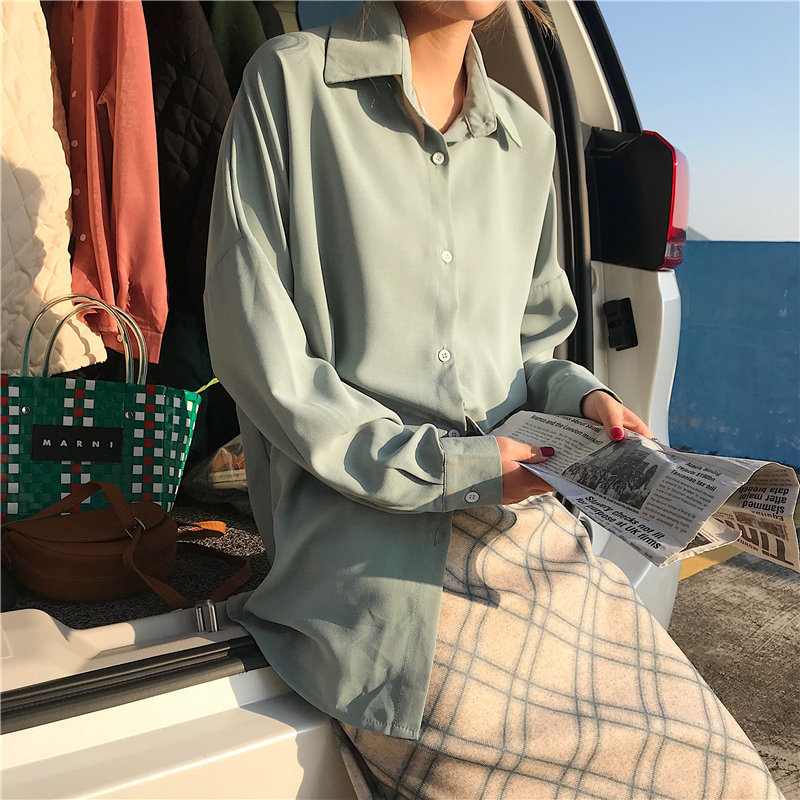 All-Match Solid Chic Casual Stylish Basic Gentle Loose Office Lady Vintage Shirts Full Sleeves High Quality Women 210421