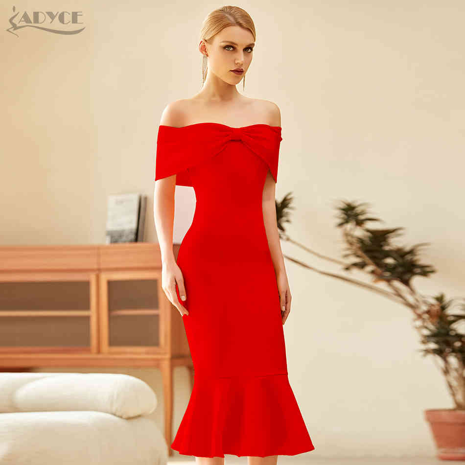 Winter Women Red Off Shoulder Short Sleeve Club Bodycon Bandage Dress Sexy Mermaid Celebrity Runway Party Dresses 210423