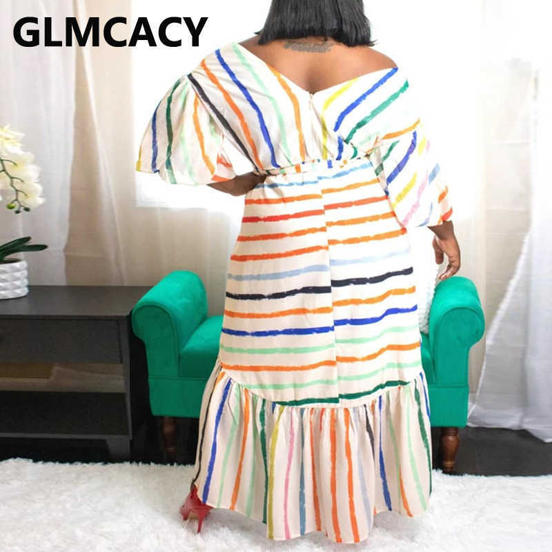 Women Puff Sleeve V Neck Striped Dress Elegant Evening Party Maxi Dress 210702