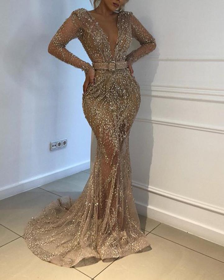 Women Dress V-neck Long Sleeve Sequins Prom Dresses Plus Size Vintage Perspective Fashion 210524