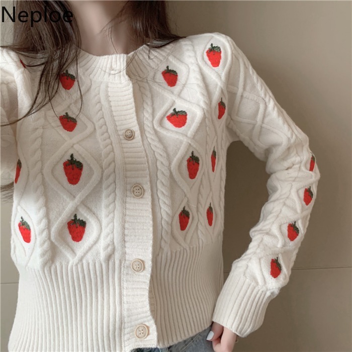 Neploe Sweater for Women Strawberry Crochet Floral Knitted Cropped Cardigan Fashion Korean Sueter Coat Fall Clothes Pull Femme 210422