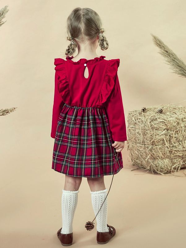 Toddler Girls Tartan Bow Front Ruffle Trim Frilled Neck Dress SHE