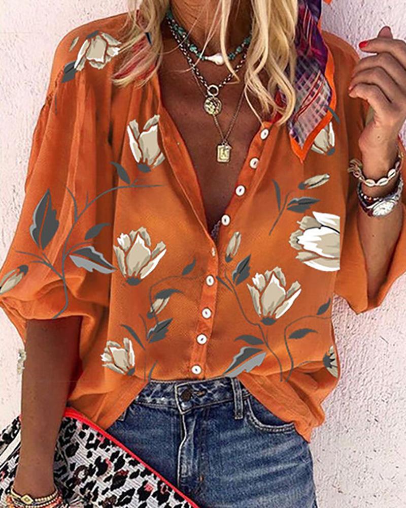 Summer Women Plus Size Vintage Floral Print T-Shirt Femme Lantern Sleeve Button Front Tunic Ladies Casual Blouse New Clothe 210415