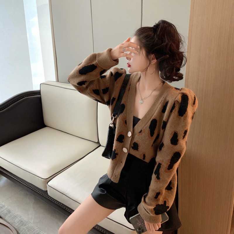 Nomikuma Vintage Leopard Knitted Cardigan Coat Causal Puff Long Sleeve V-neck Sweater Women Knitwear Jacket 6D728 211011Z