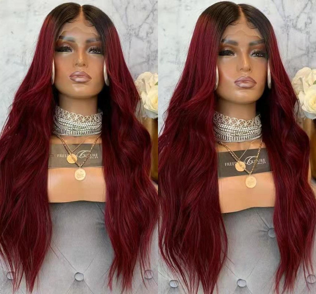 360 Lace Frontal Long Body Wave Wigs Black Ombre Burgundy Red Brazilian Hair Synthetic Front Wig For Women