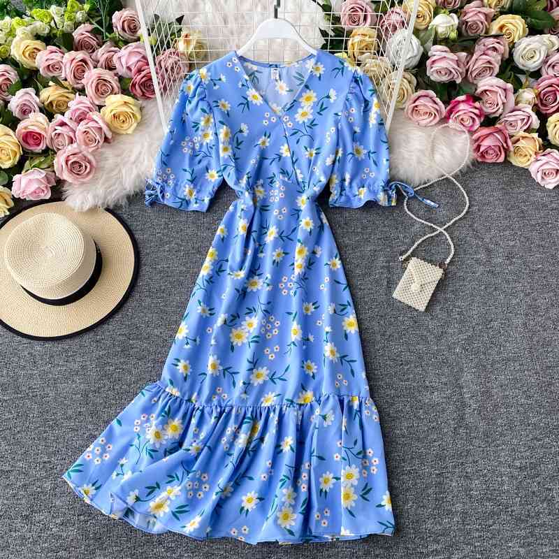 Summer Slim V Neck Short Sleeve Dress A Line Floral Print High Waist Mid-Calf Women Party Dress 210521