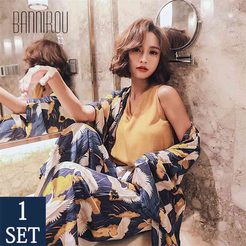 BANNIROU 100% Viscose Women Pajamas Sets Pyjamas Set Printed Sleepwear Female Night Suits Sleep Wear Sets New 4 Pieces 210330
