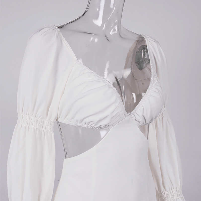 DEAT Women Puff Sleeve Hollow Out Open Back Buttocks Dress Solid Color Deep V-neck Sexy Fashion Spring Summer 11B597 210709