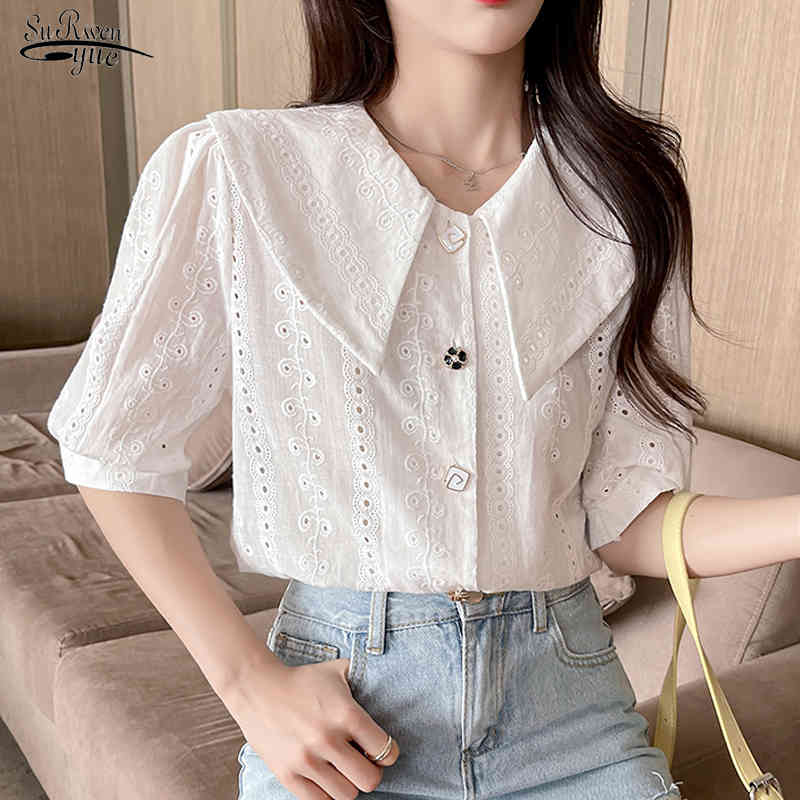 Summer White Cotton Blouse Women Korean Fashion Doll Collar Sweet Tops Solid Color Short Sleeve Embroidered Shirt 14377 210521
Summer White Cotton Blouse Women Korean Fashion Doll Collar Sweet Tops Solid Color Short Sleeve Embroidered Shirt 14377 210521