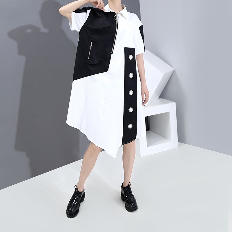 New Unique Style Women Summer Tide Shirt Dress Zipper & Pocket Patchwork Plus Size Lady Loose Fit Midi Casual Dresses 6255 210409