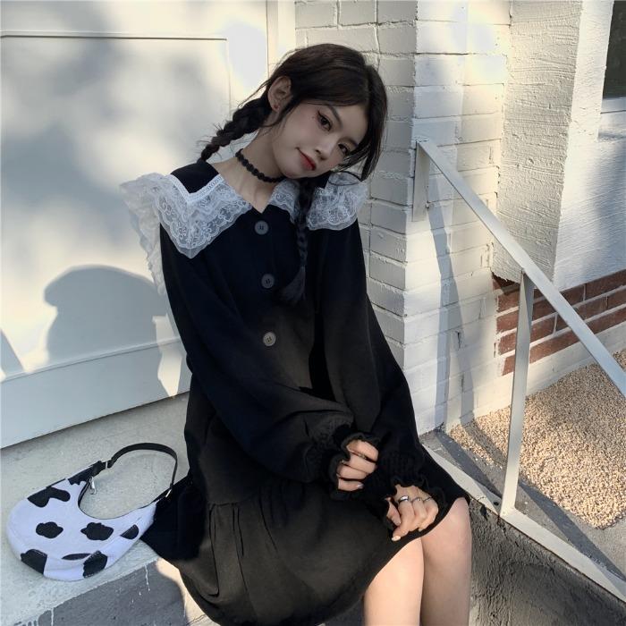 Spring Long Sleeve Vintage Kawaii Dress Korean Casual Sweet Elegant Dress Women Cute Lace Mini Shirt Dress Female 210521