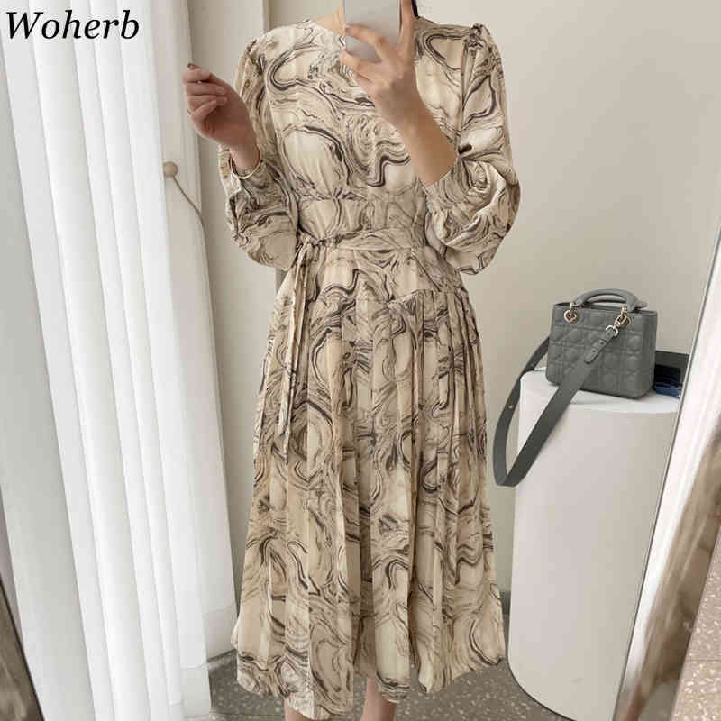 Girls O-Neck Chic All Match Printing Dress Spring Summer Long Sleeves Elegance Maxi Pleated Dresses Vestidos 210519
