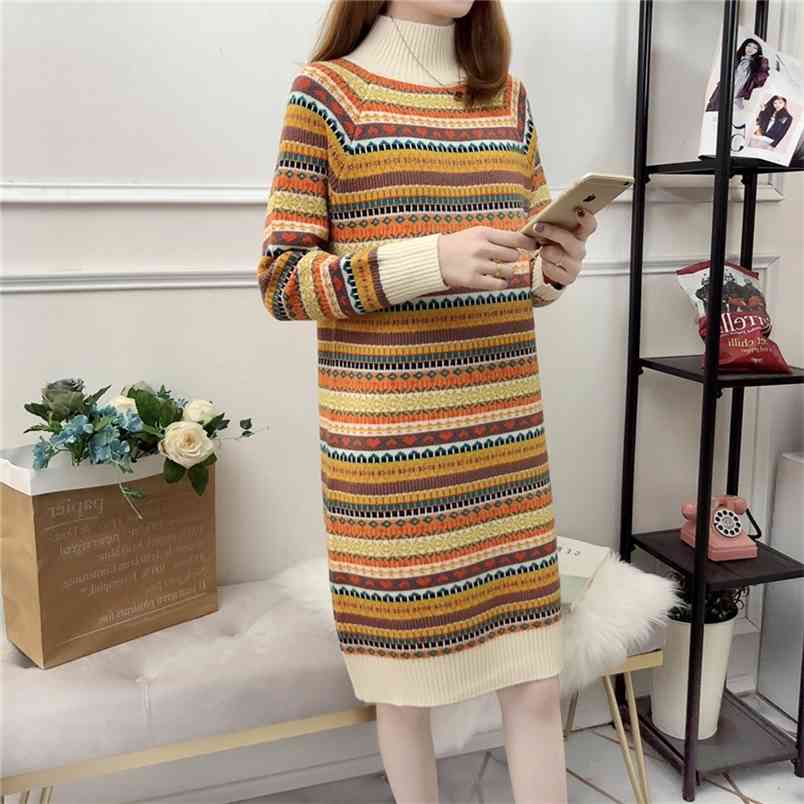Lazy Wind Turtleneck Long-sleeved Sweater Dress Female Ethnic Style Long Striped Knitted Bottoming Pullover Women 210427