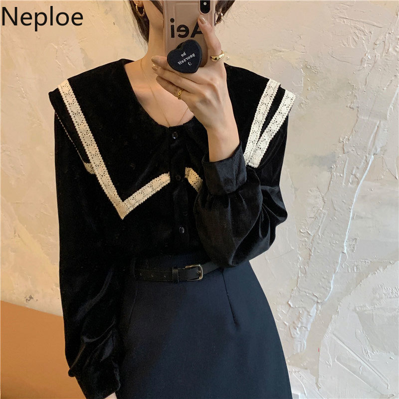 Neploe Vintage Temperament Shirts Women Blouses Long Sleeve Velvet Blouses Lace Tops Korean Chic Clothes Fashion Blusas 210422