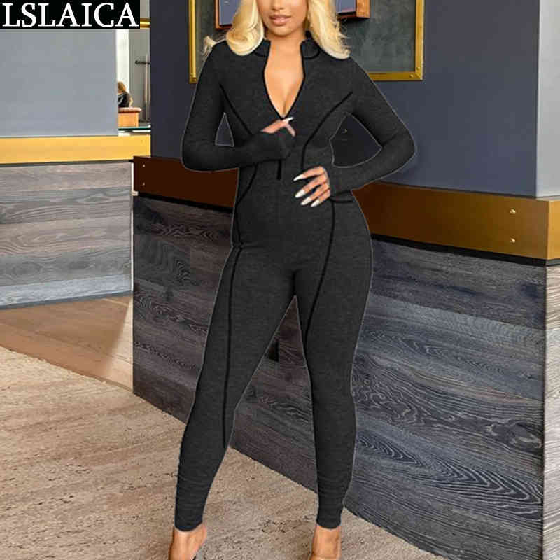 Sexy Club Outfits for Women Clubwear Solid Long Sleeve V Neck Overalls Zipper Slim Fashion Knitted Jumpsuites 210520