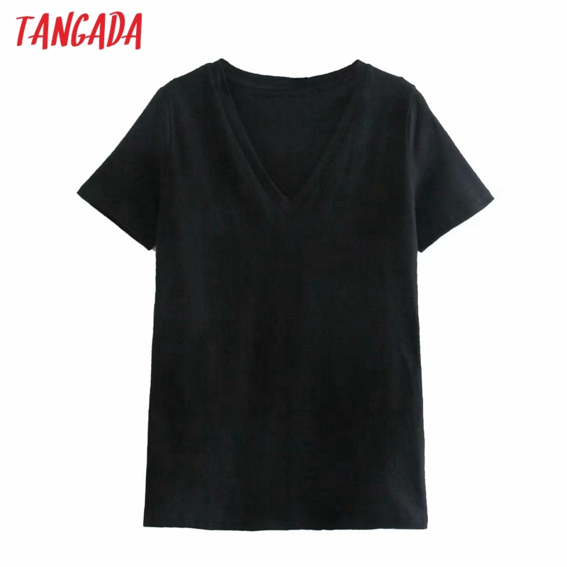 Women Basic V Neck Cotton White T Short Sleeve Tees Ladies Casual Tee Shirt Street Wear Top 2R33 210416