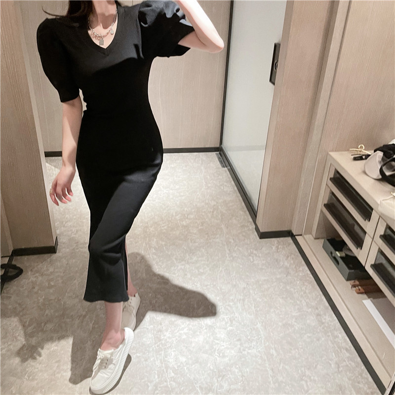 Korean Chic Fashion V Neck Puff Short Sleeve Black White Striped Dress Women Casual Sexy Split Tight Wrap Hip Vestido De Mujer 210429