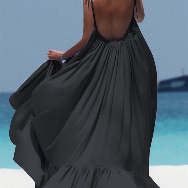 Women Dresses Loose Long Beach Sleeveless Backless Sexy Ruffles Spliced Pleated Plus Size Summer 210513