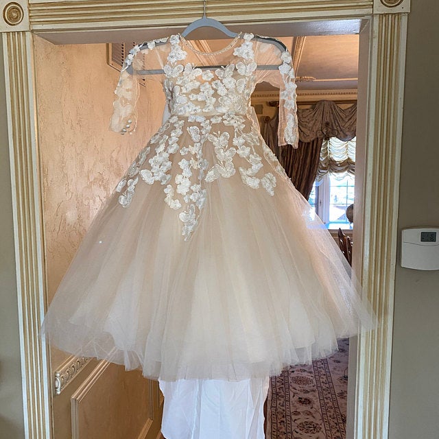Lovely Lace Flower Girls Dress 3D Floral Appliques Children Birthday Party Dresses Ball Gown Wedding Prom Formal Wear