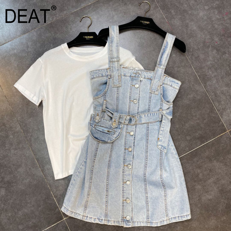 Summer Short Sleeve O Neck T Shirt Sleeveless Spaghetti Strap Denim Mini Dress With Belt Bag 2 Piece Set HR438 210525, Light blue
Summer Short Sleeve O Neck T Shirt Sleeveless Spaghetti Strap Denim Mini Dress With Belt Bag 2 Piece Set HR438 210525, Light blue
