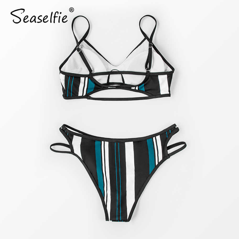 SEASELFIE Sexy Blue White and Black Striped Bikini Sets Swimsuit Two Pieces Swimwear Women Summer Beach Bathing Suit 210611