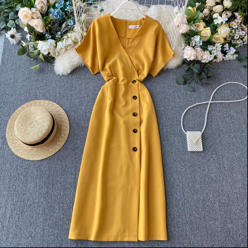 vintage slim v neck button women dress summer midi long vestido de festa party evening casual vestidos, Black;gray
vintage slim v neck button women dress summer midi long vestido de festa party evening casual vestidos, Black;gray