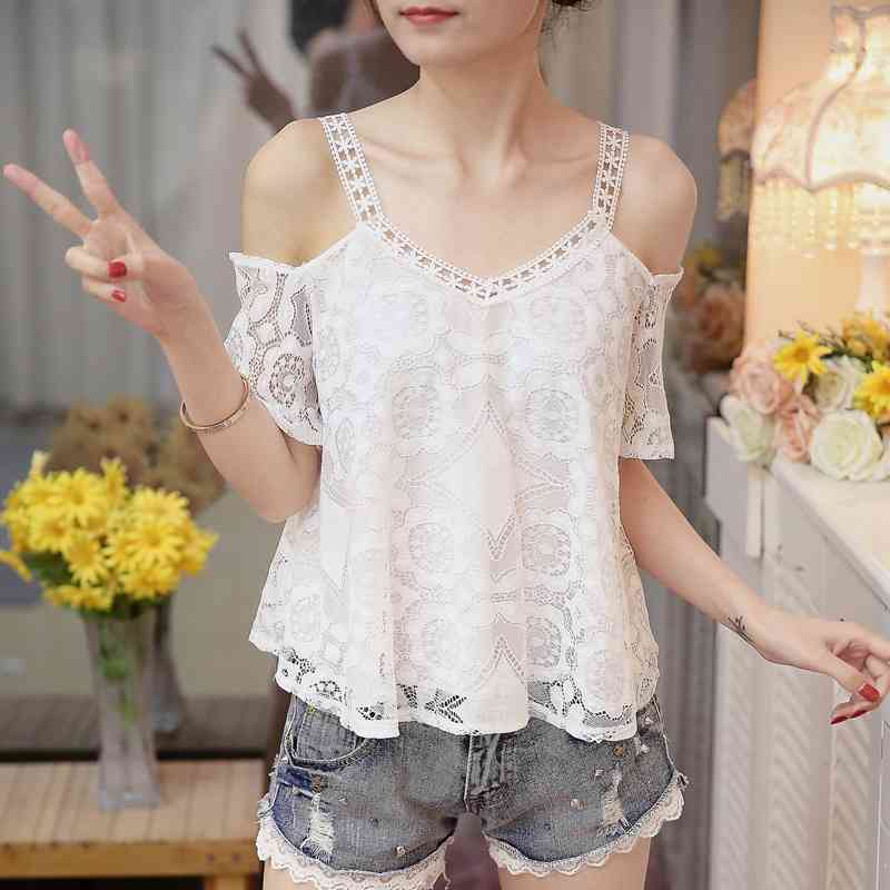 Women's Clothing Summer Fashion V Collar Sexy Strapless Women Tops Short Sleeve Hollow Lace Blouse Loose Blusas 0120 30 210506