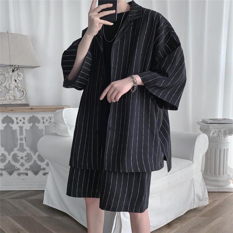 Summer Men Set Shirts And Shorts Lightweight Fabric Letter Striped Half Sleeve Elastic Knee-Length Baggy Oversize Clothing Men's Tracksuits