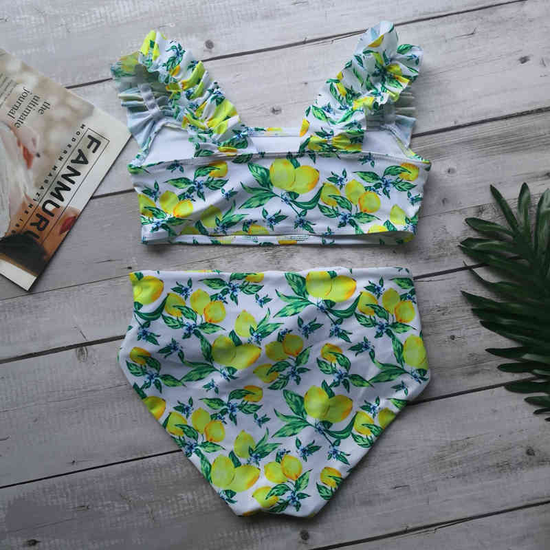 Lemon Print Bandeau Bikini Set Summer Sexy High Waist Women Swimwear Thong Beach Swimsuit Push Up Bathing Suits Biquini 210520
