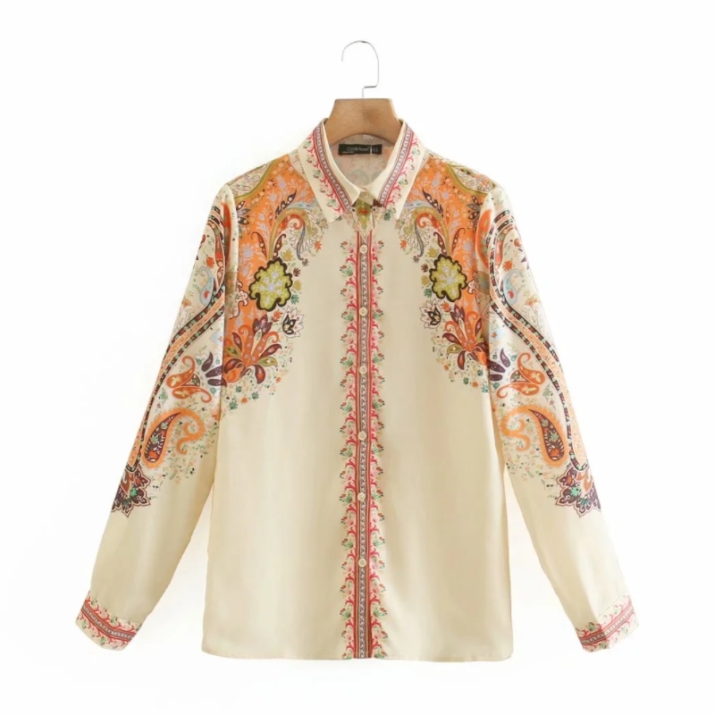 Vintage Women Placement Print Turndown Collar Blouse Female Long Sleeve Shirt Casual Lady Loose Tops Blusas S8877 210430