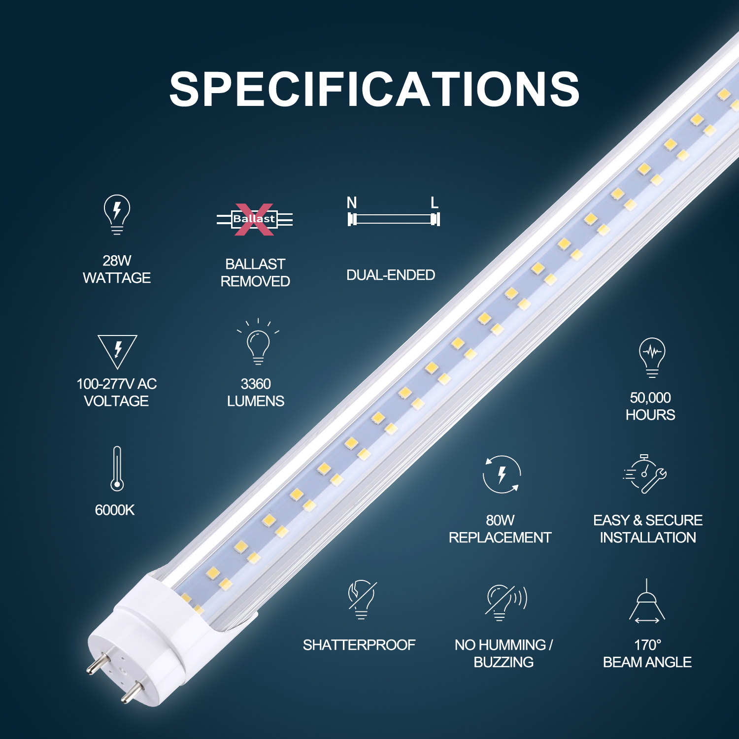 4FT T8 LED Tube 18W 22W 28W 4 Feet G13 Bi pin 4' Garage Lights 1.2M Shop Light Fluorescent Lamp Replacement, Ballast Removed, Dual Ended Power