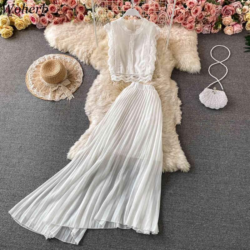 Summer Women 2 Piece Set Solid Tank Chiffon Lace Blouse+High Waist Pleated Skirts Beach Style Fashion Korean Outfits 210519