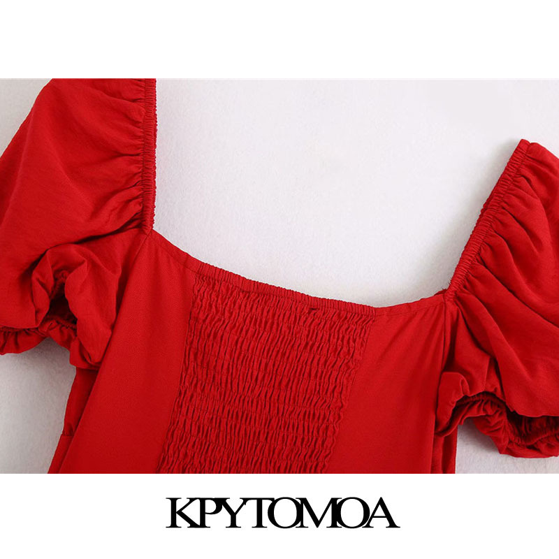 Women Chic Fashion With Buttons Midi Dress Puff Sleeves Back Smocked Detail Female Dresses Vestidos Mujer 210420