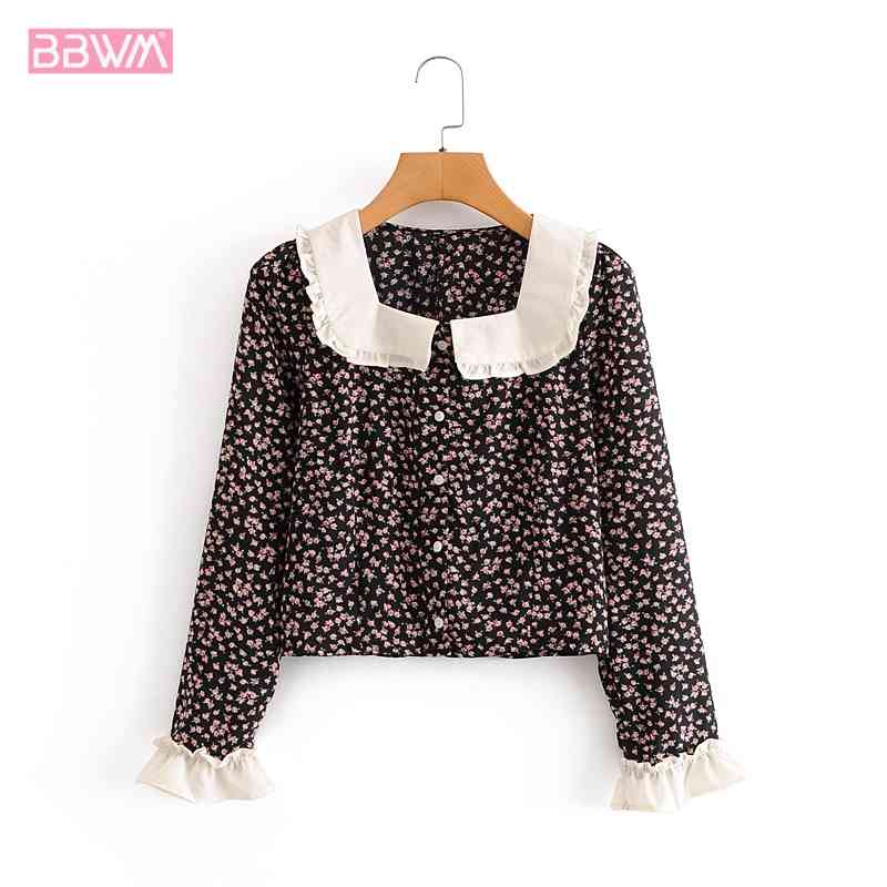 Doll Collar Floral Trumpet Sleeve Retro Fashion Chic Female Shirt Korean Harajuku Single-breasted Women's Tops 210507
