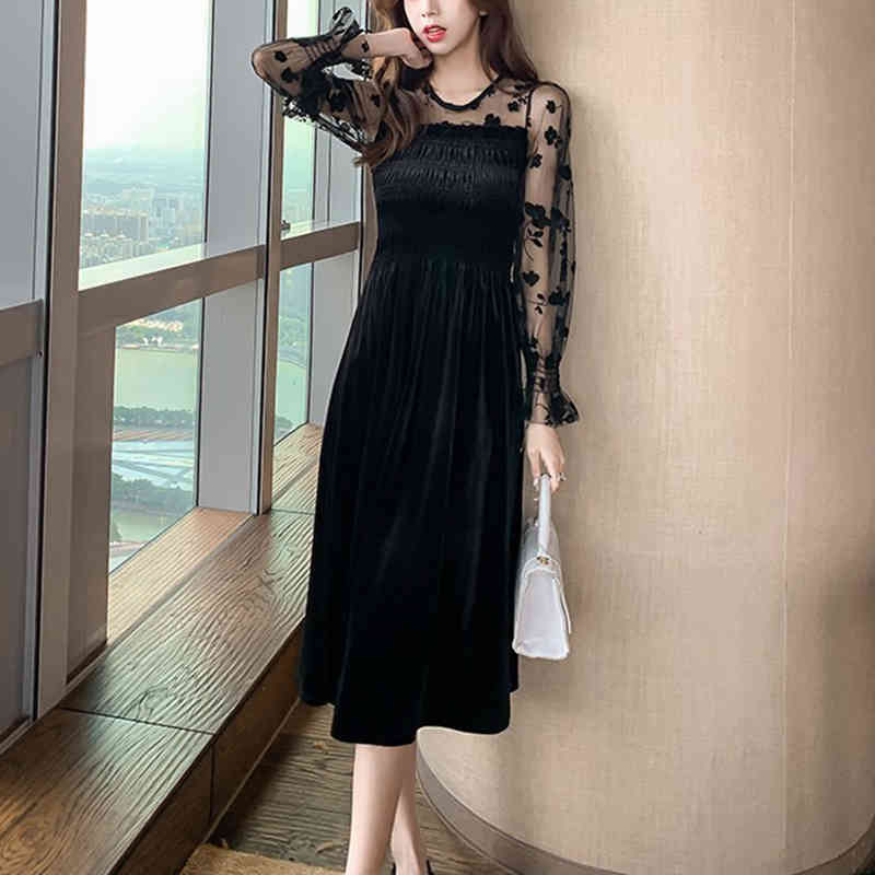 Korean Mesh Velvet Sexy Dress Women Autumn Winter Midi Black Embroidery Vinatge Zipper Ladies es Vestidos 12557 210508